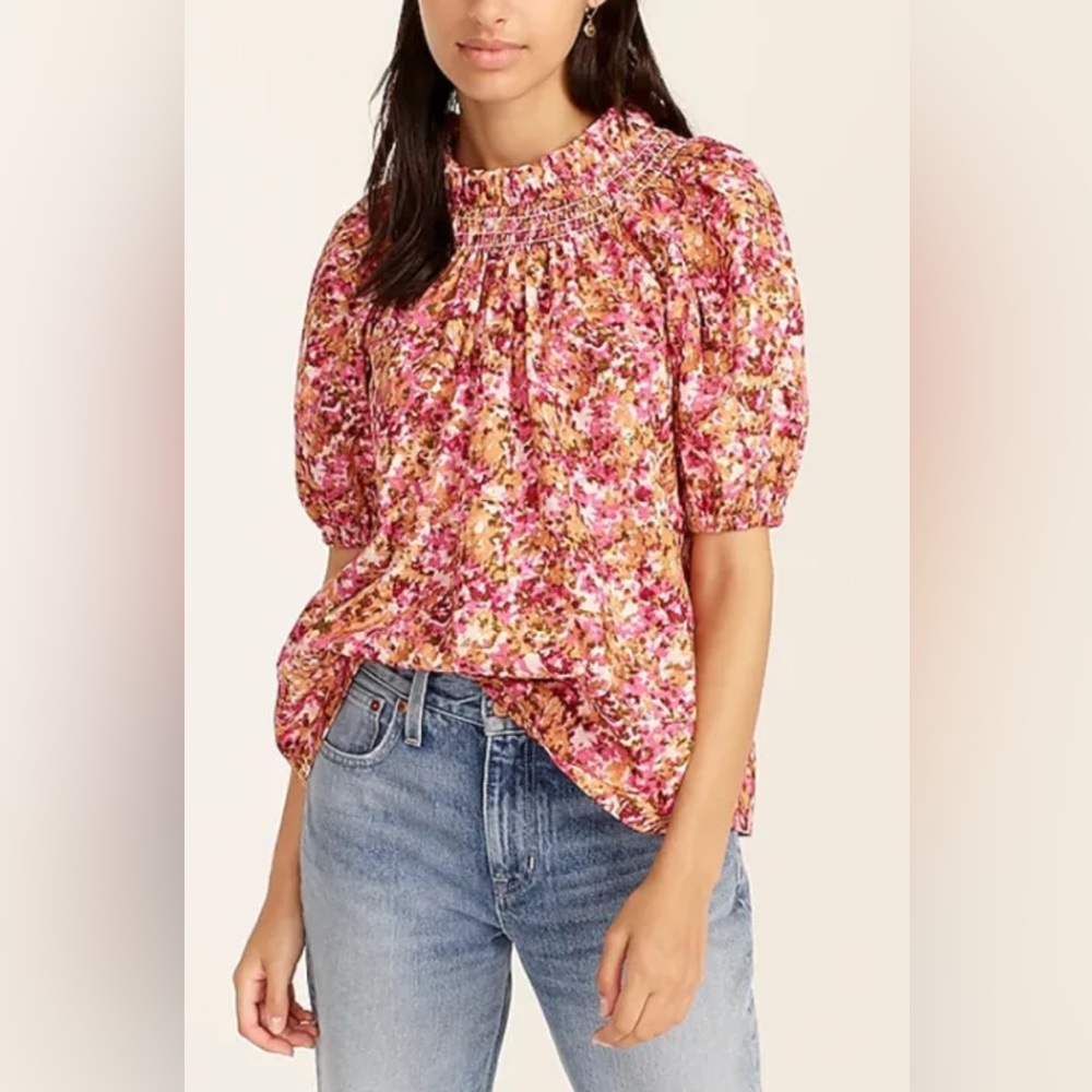 J. Crew Smocked Neck Puff Sleeve Top in Faded Floral